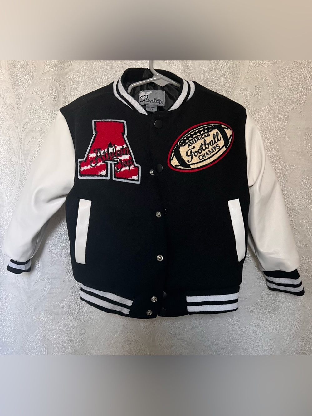 Toddler Boys' Faux Leather White/Black Varsity Football Jacket  3T
